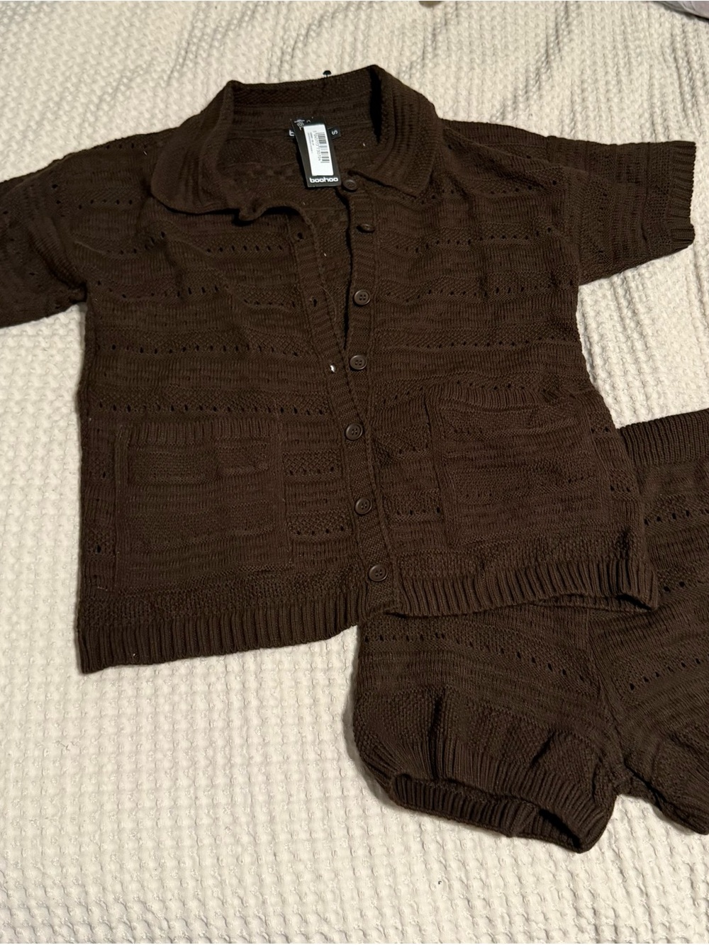 Kids Knit Button-Up Top and Shorts Set - Brown